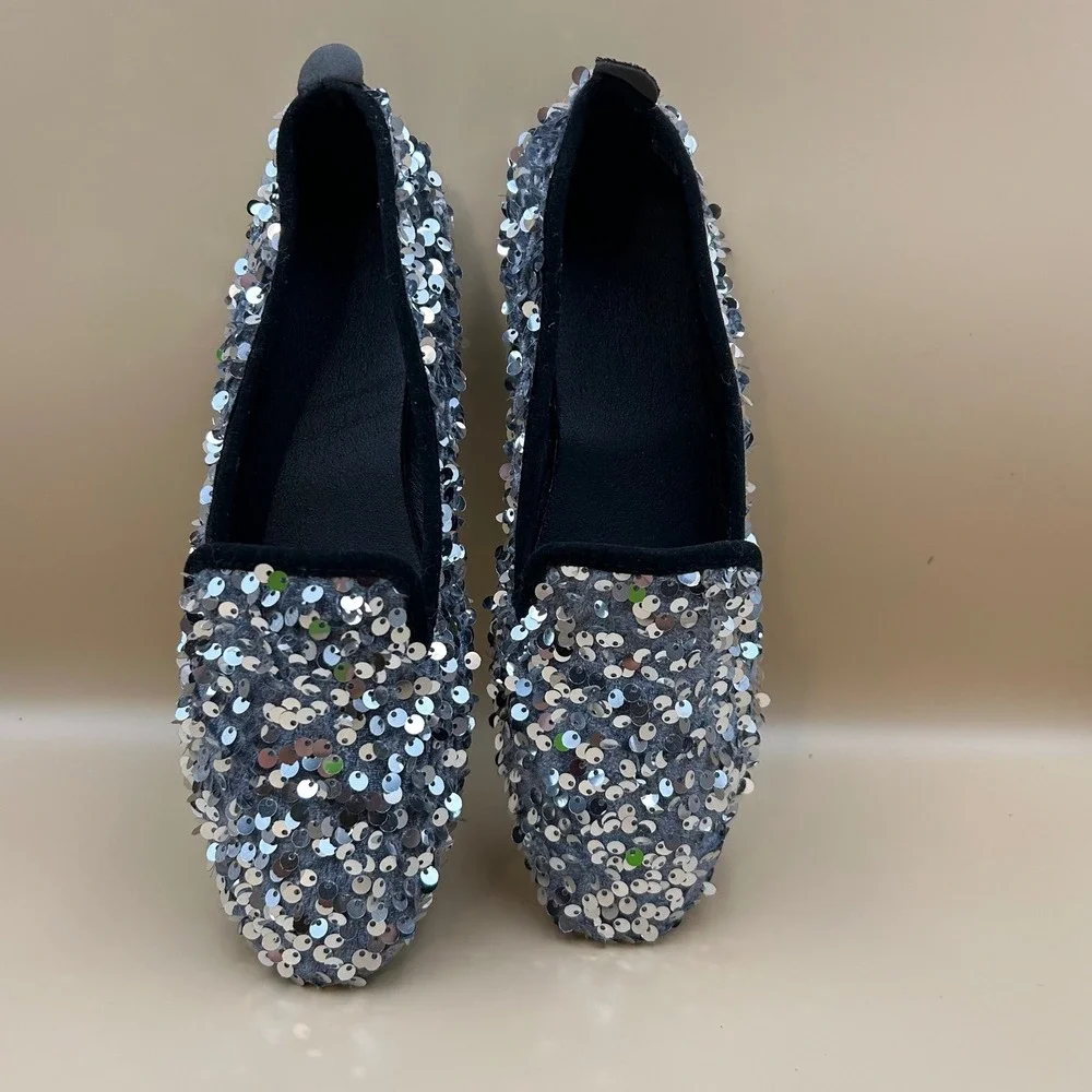 Fashion Silver Sequin Slip On Loafers Size 39 Sparkly Flat Shoes Party Glamour